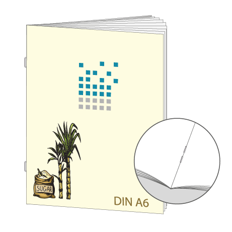 Broschüre aus Zuckerrohrpapier | DIN A6 20-Seiter | bedruckt