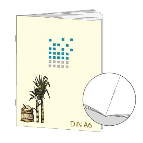 Broschüre aus Zuckerrohrpapier | DIN A6 24-Seiter | bedruckt